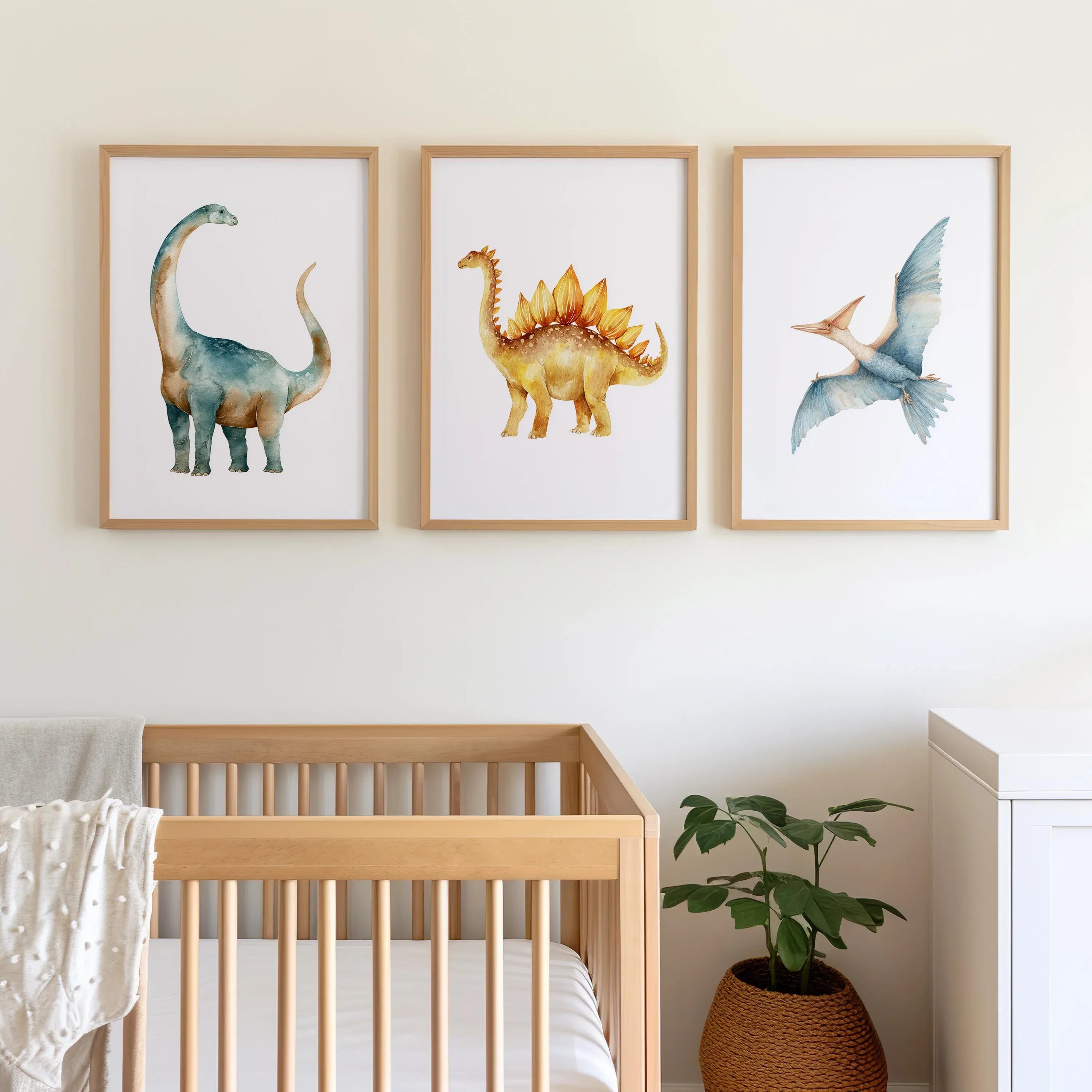Watercolor dinosaur nursery wall art set of 3 kids room decor in black frame 12x12 inch 30x30 cm