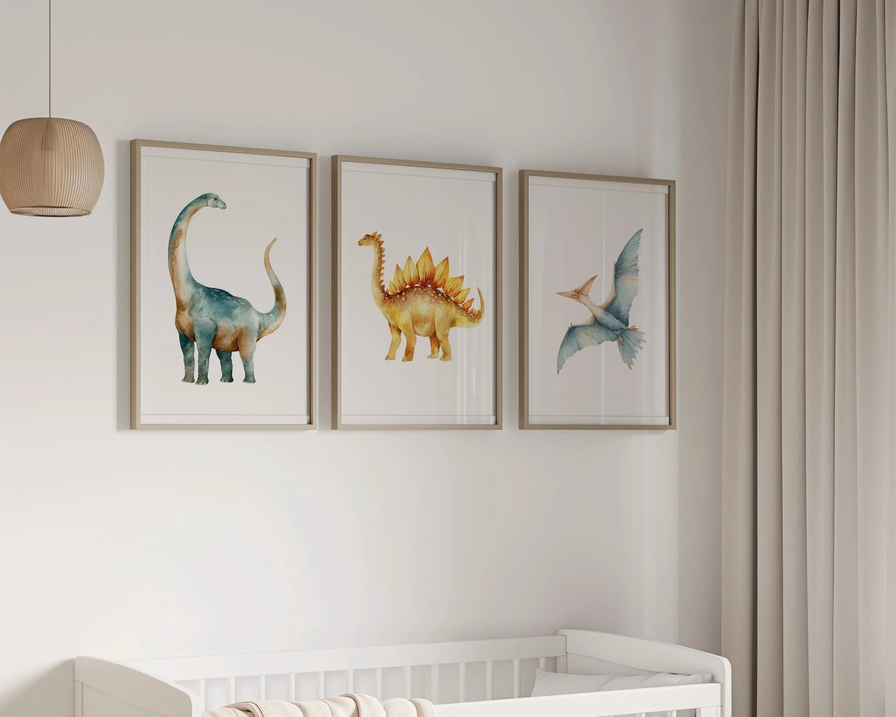 Watercolor dinosaur nursery wall art set of 3 kids room decor in dark wood frame 12x12 inch 30x30 cm