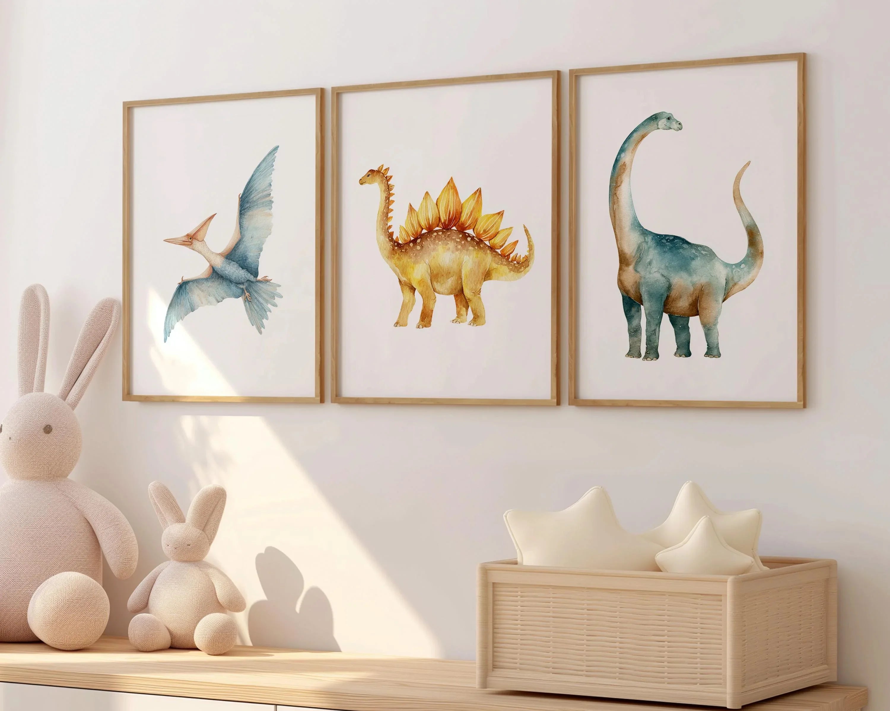 Watercolor dinosaur nursery wall art set of 3 kids room decor in dark wood frame 12x18 inch 30x45 cm