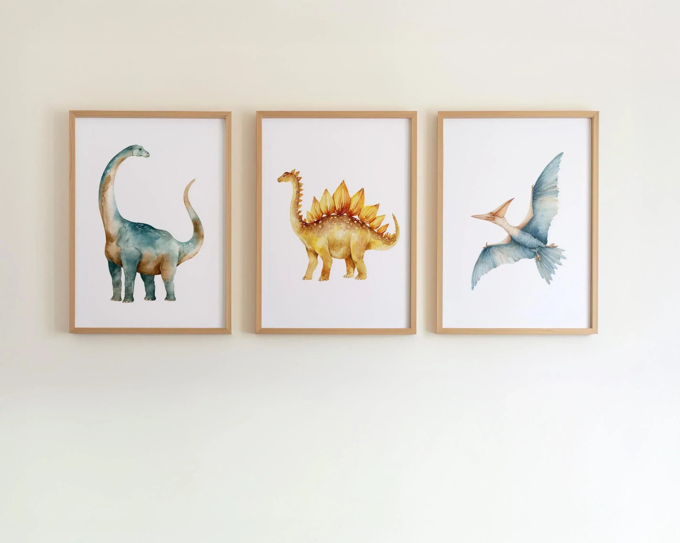 Watercolor dinosaur nursery wall art set of 3 kids room decor in natural wood frame 12x12 inch 30...