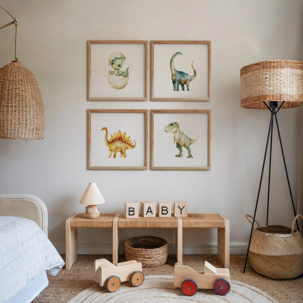 Watercolor dinosaur nursery wall art set of 4 dino decor boys playroom in black frame 12x12 inch ...