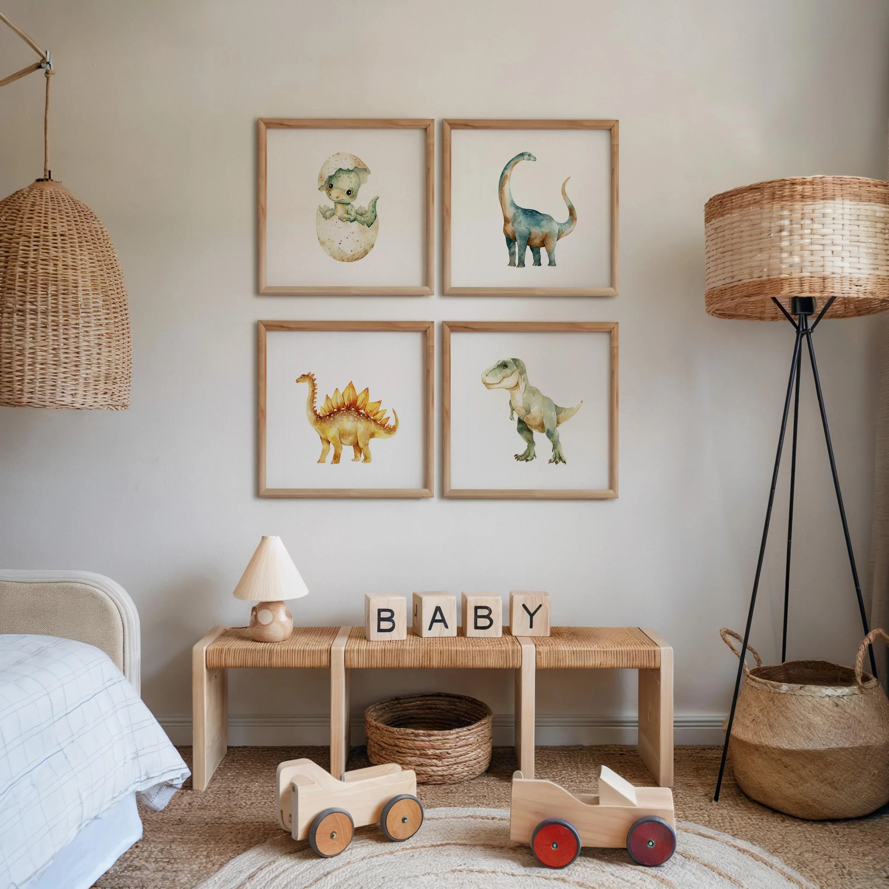 Watercolor dinosaur nursery wall art set of 4 dino decor boys playroom in black frame 12x12 inch ...