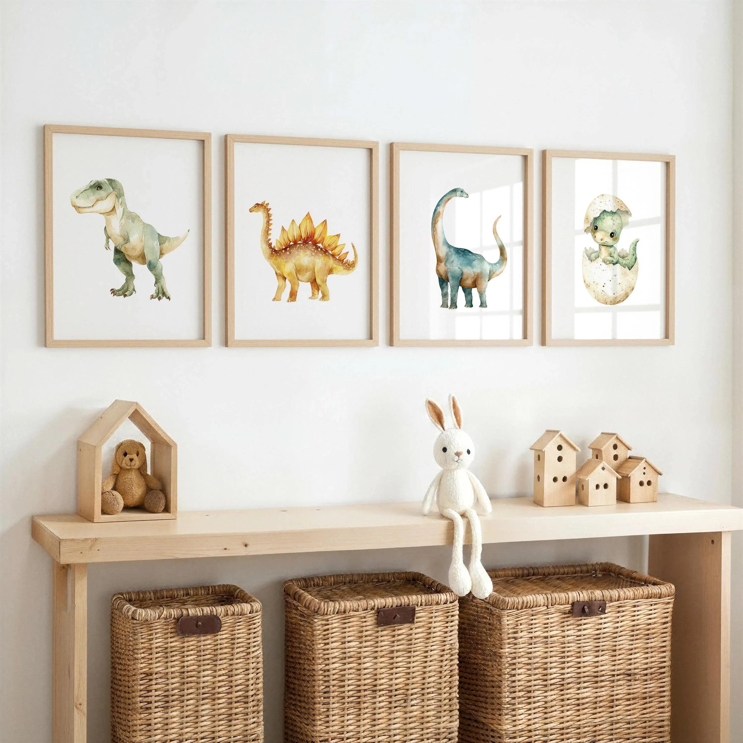 Watercolor dinosaur nursery wall art set of 4 dino decor boys playroom in dark wood frame 12x12 i...