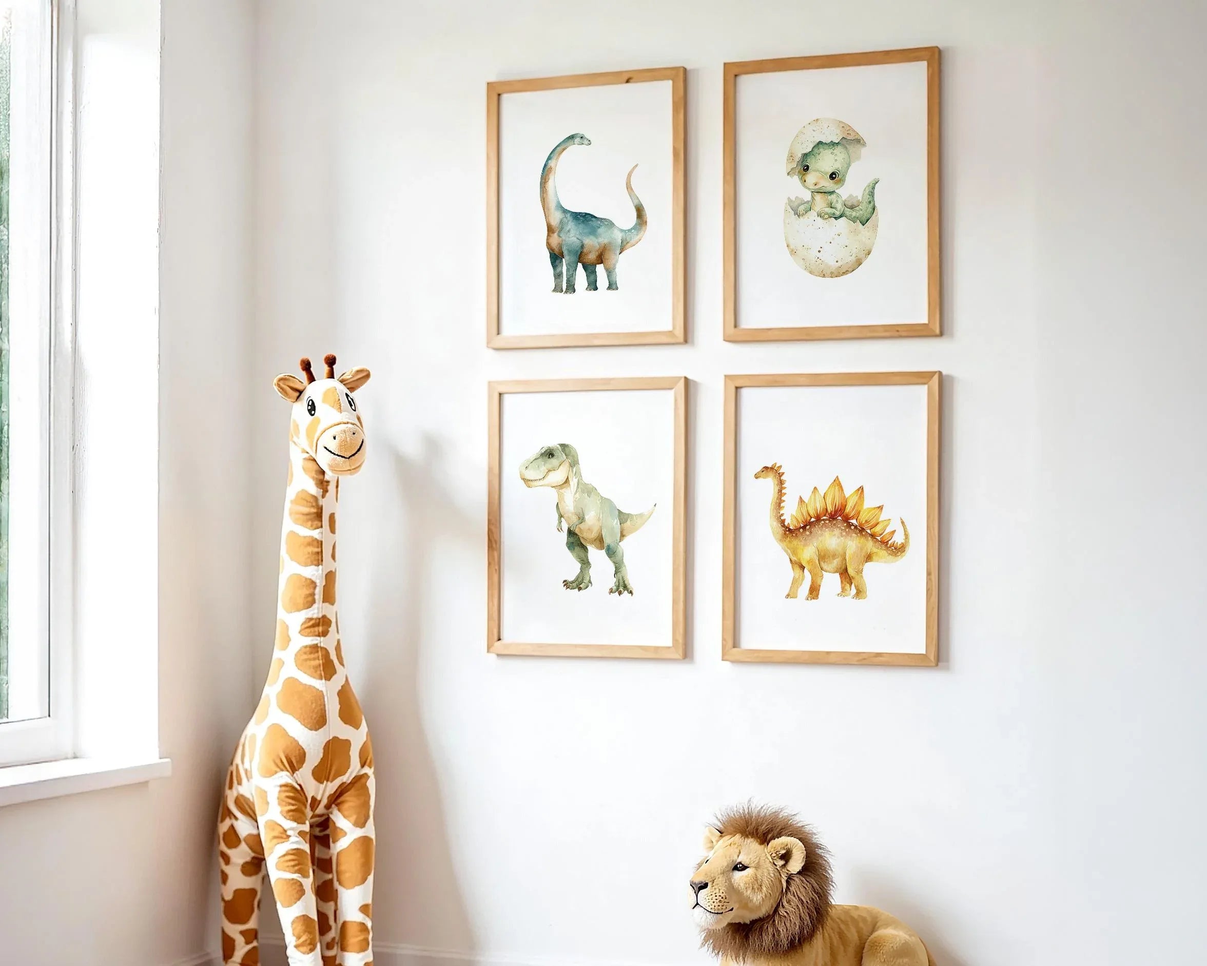 Watercolor dinosaur nursery wall art set of 4 dino decor boys playroom unframed 12x12 inch 30x30 cm
