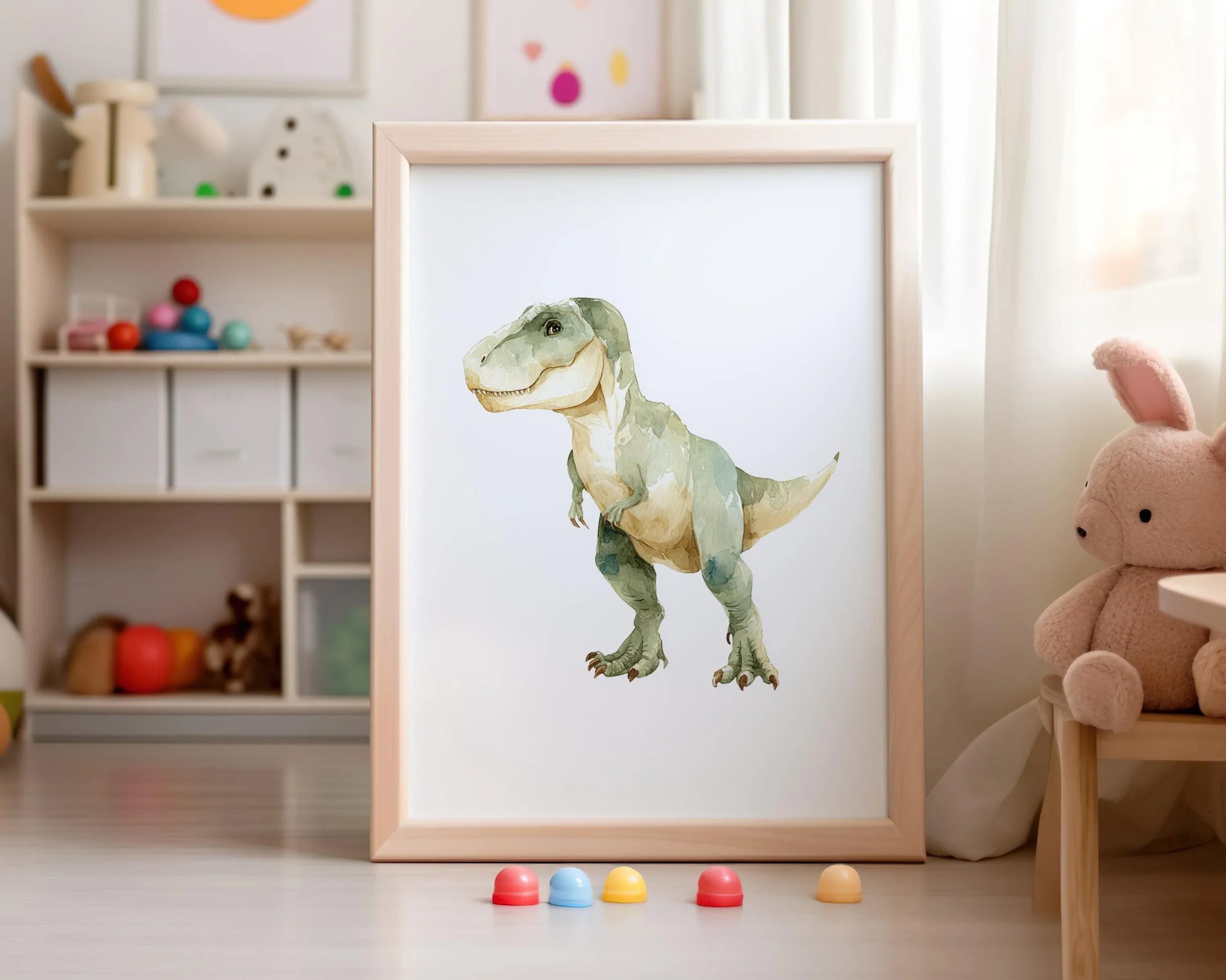 Watercolor dinosaur nursery wall art set of 4 dino decor boys playroom in white frame 12x12 inch ...