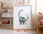 Watercolor dinosaur nursery wall art set of 4 dino decor boys playroom in dark wood frame 12x18 i...