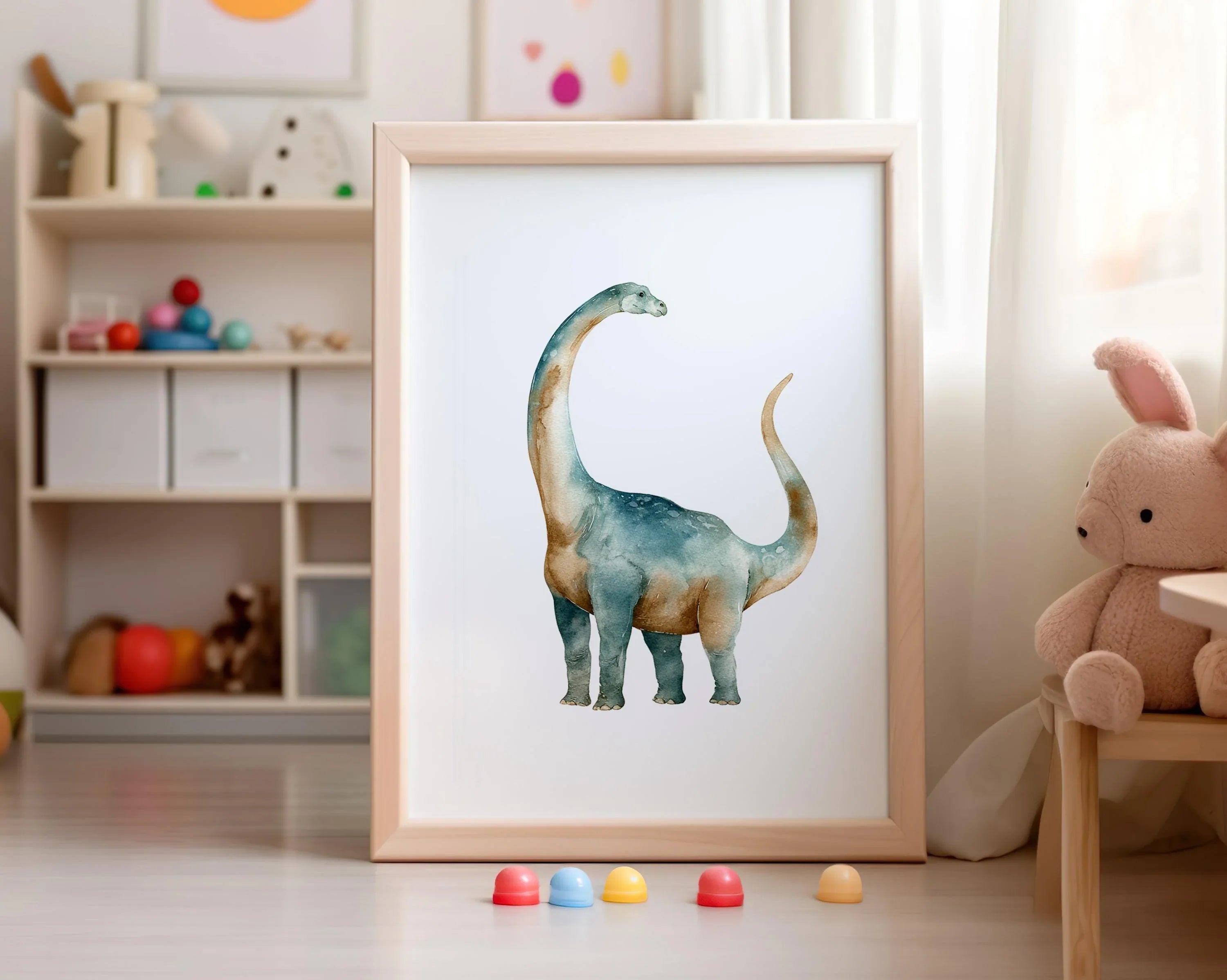 Watercolor dinosaur nursery wall art set of 4 dino decor boys playroom in dark wood frame 12x18 i...