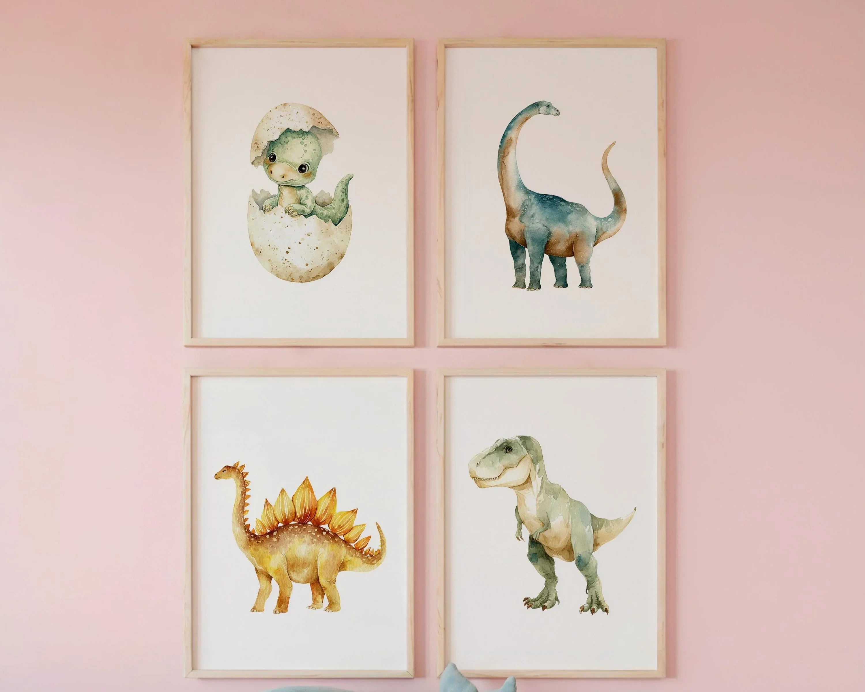 Watercolor dinosaur nursery wall art set of 4 dino decor boys playroom in natural wood frame 12x1...