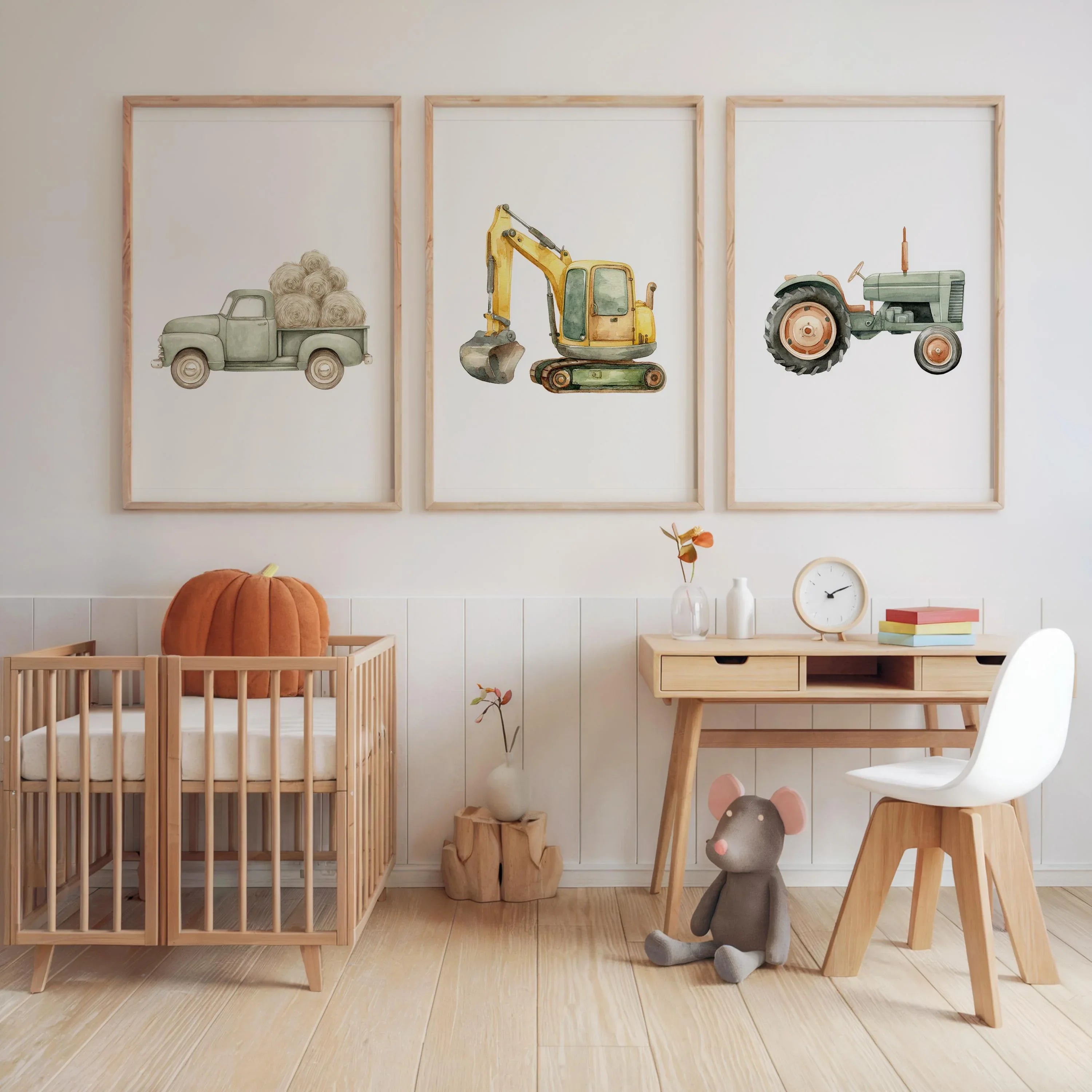 Watercolor farm vehicle vintage truck tractor excavator nursery set of 3 in black frame 12x12 inc...