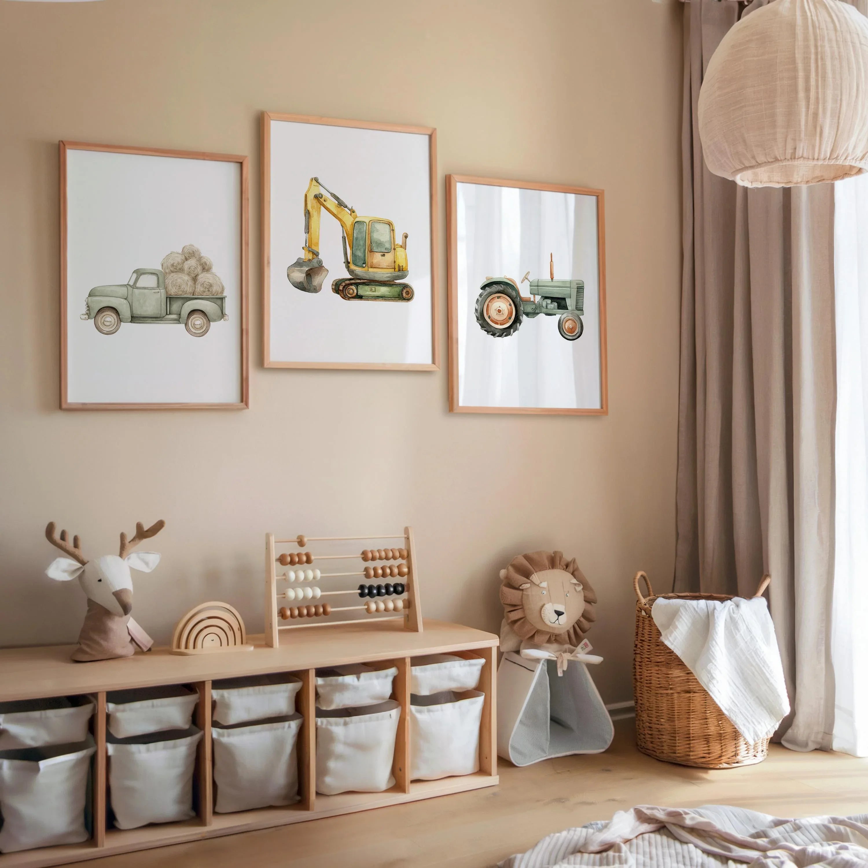 Watercolor farm vehicle vintage truck tractor excavator nursery set of 3 in dark wood frame 12x12...