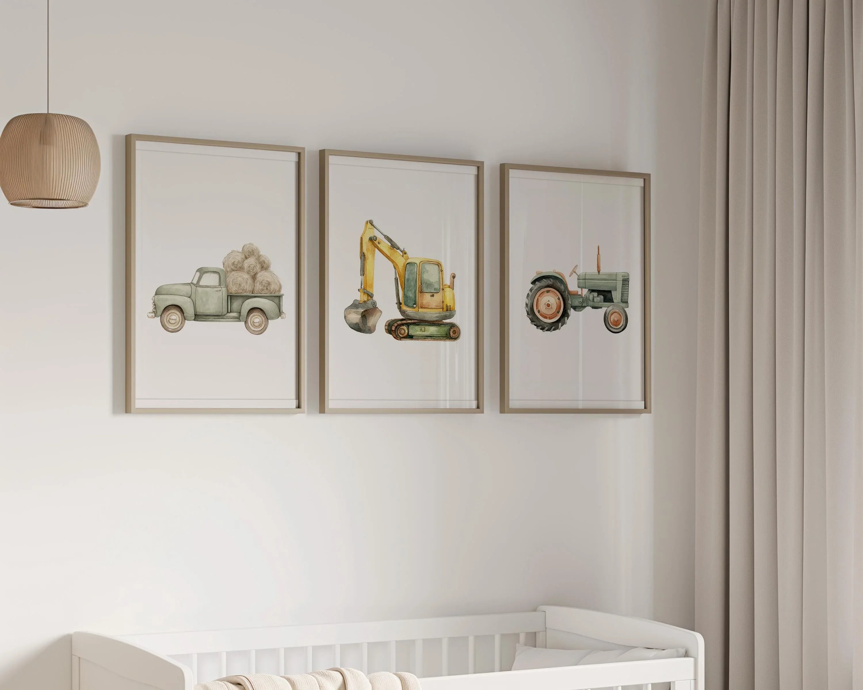 Watercolor farm vehicle vintage truck tractor excavator nursery set of 3 unframed 12x12 inch 30x3...