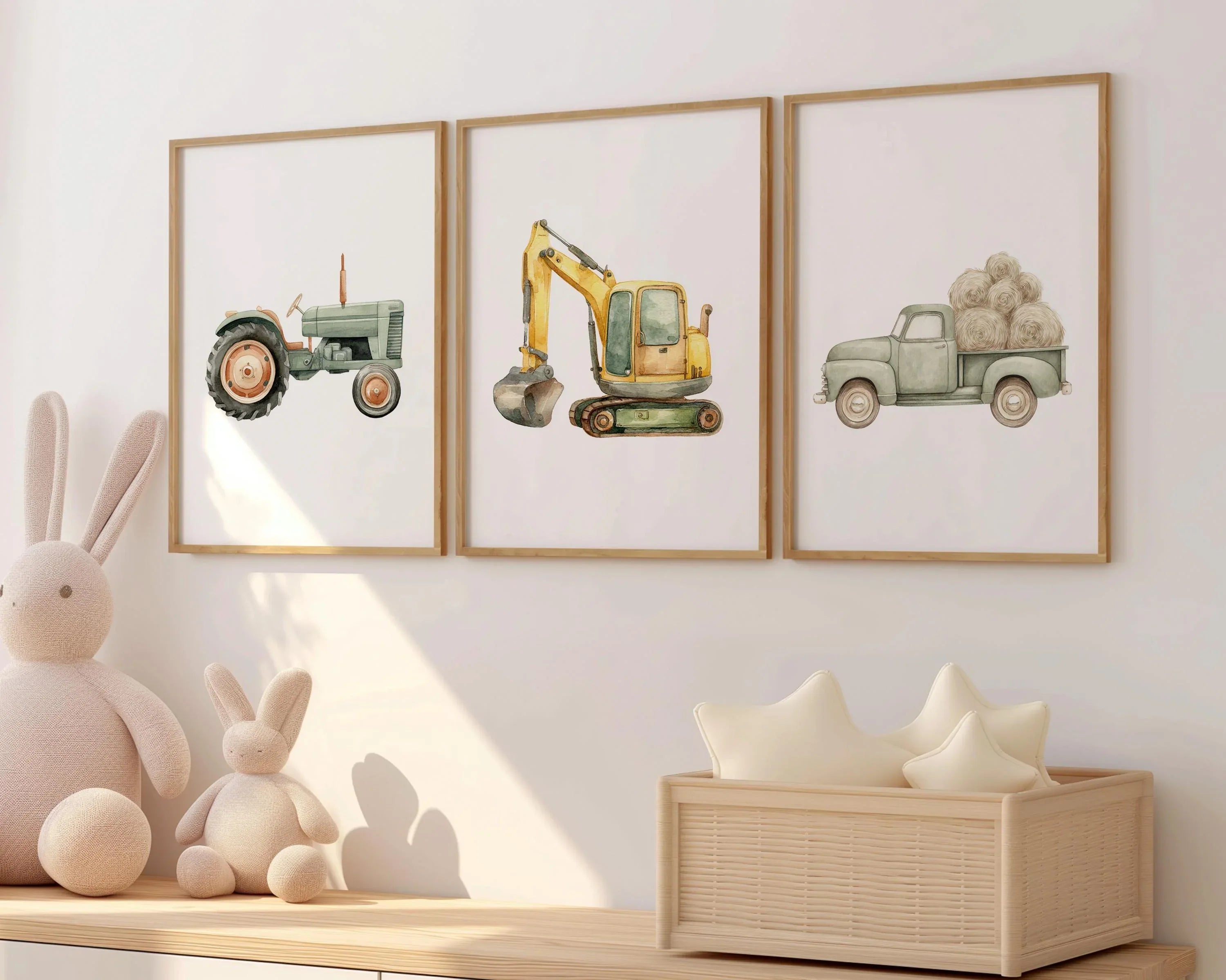 Watercolor farm vehicle vintage truck tractor excavator nursery set of 3 in white frame 12x12 inc...