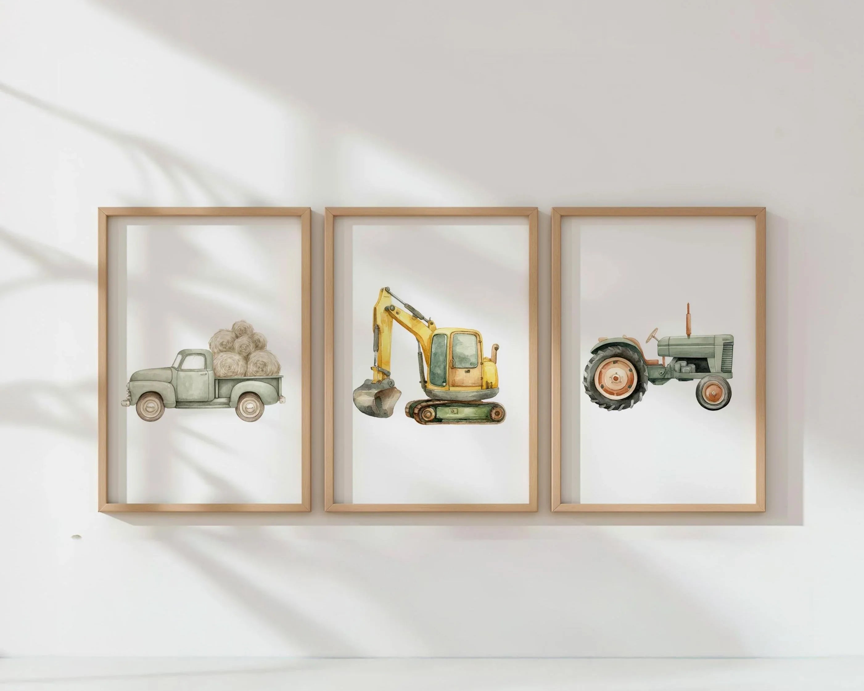 Watercolor farm vehicle vintage truck tractor excavator nursery set of 3 in natural wood frame 12...
