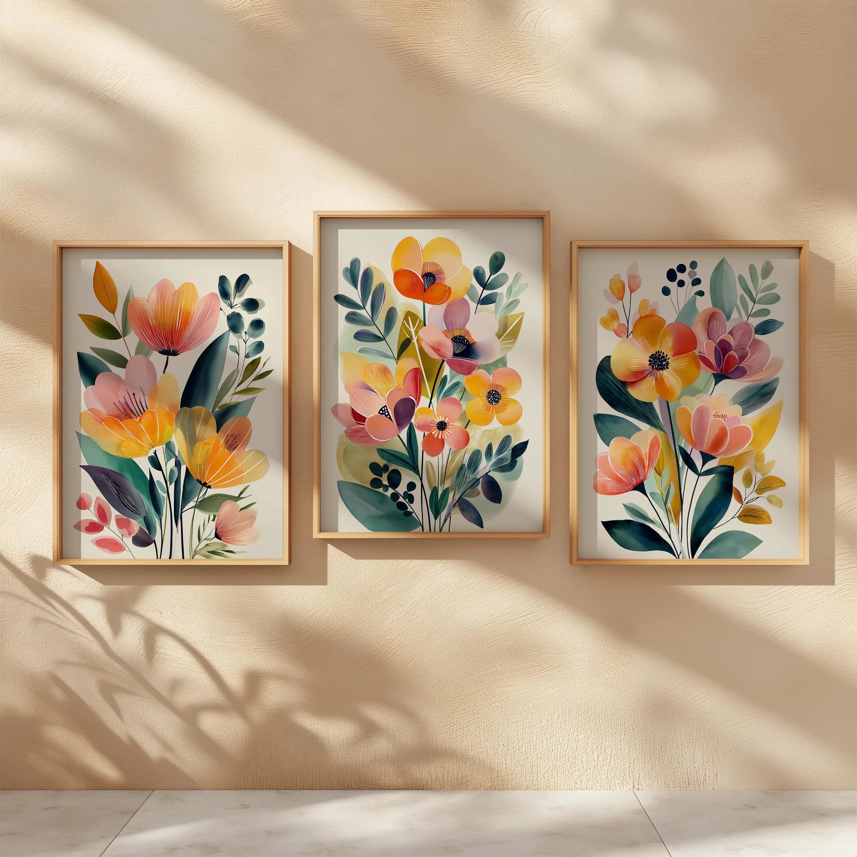 Watercolor peach flower triptych set of 3 neutral floral wall decor in black frame 12x12 inch 30x...