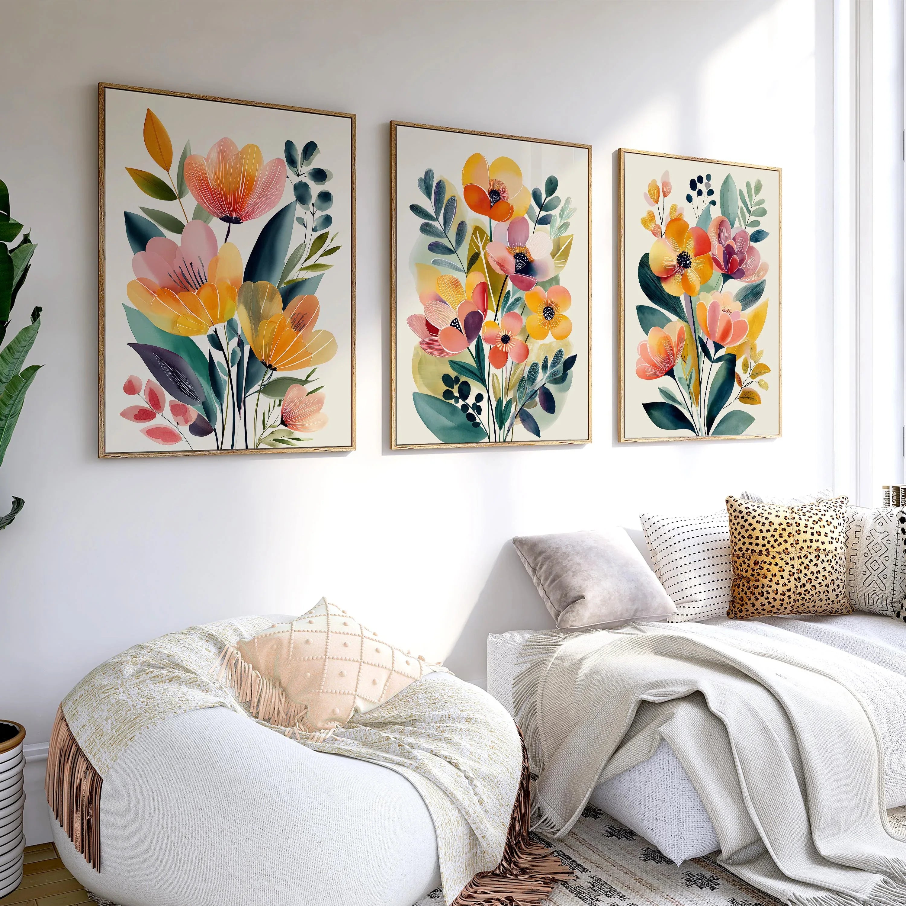 Watercolor peach flower triptych set of 3 neutral floral wall decor in dark wood frame 12x12 inch...