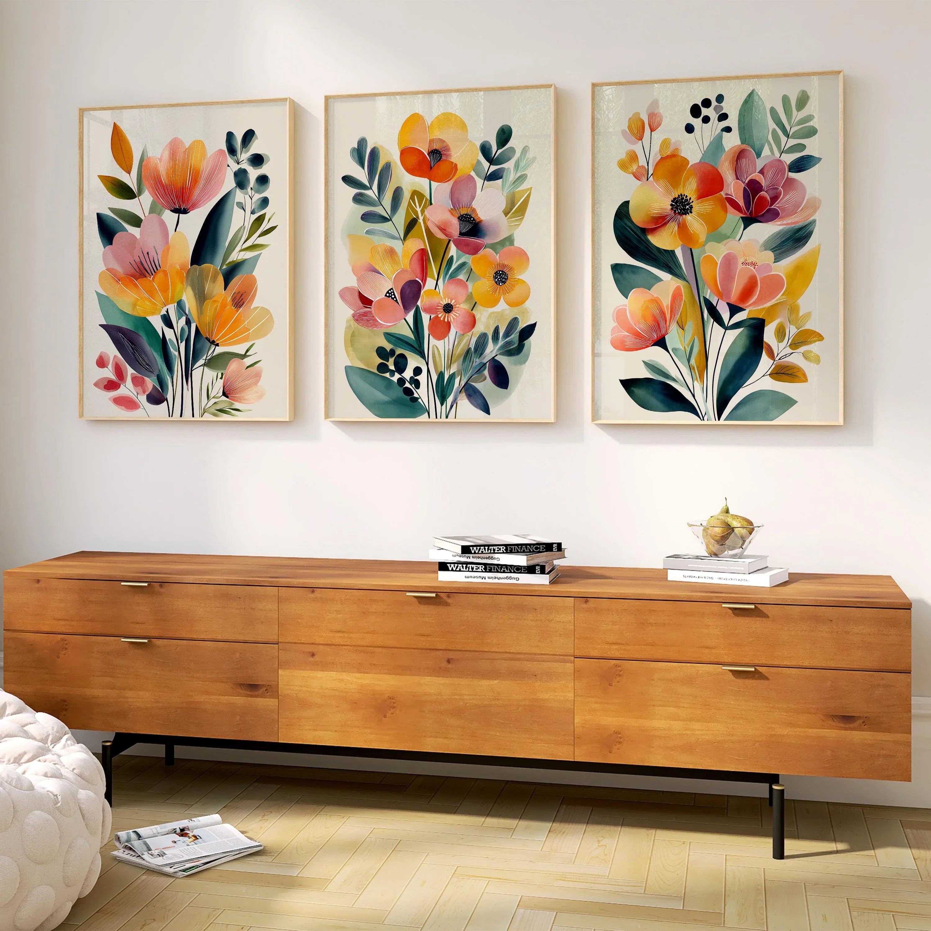 Watercolor peach flower triptych set of 3 neutral floral wall decor unframed 12x12 inch 30x30 cm
