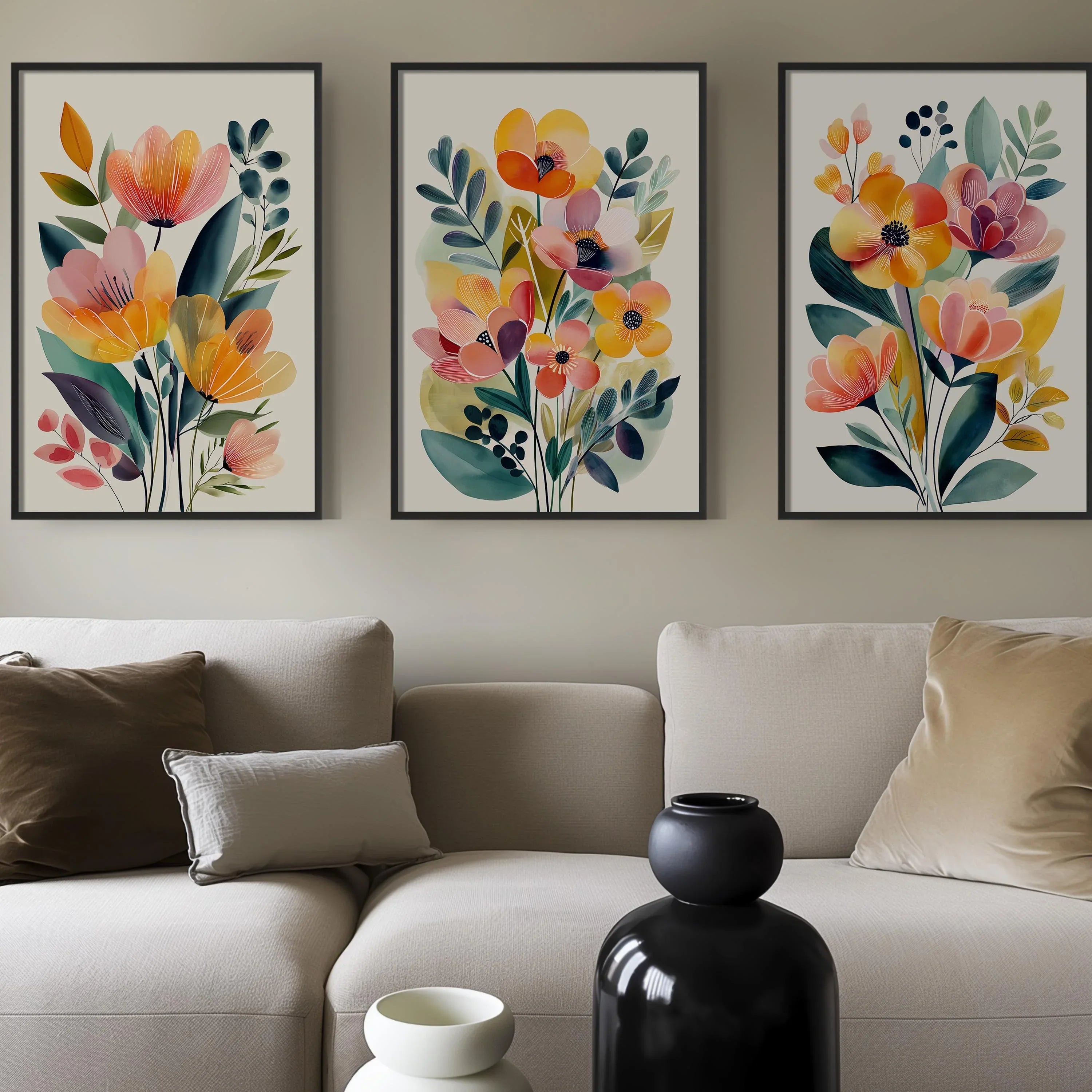 Watercolor peach flower triptych set of 3 neutral floral wall decor in white frame 12x12 inch 30x...