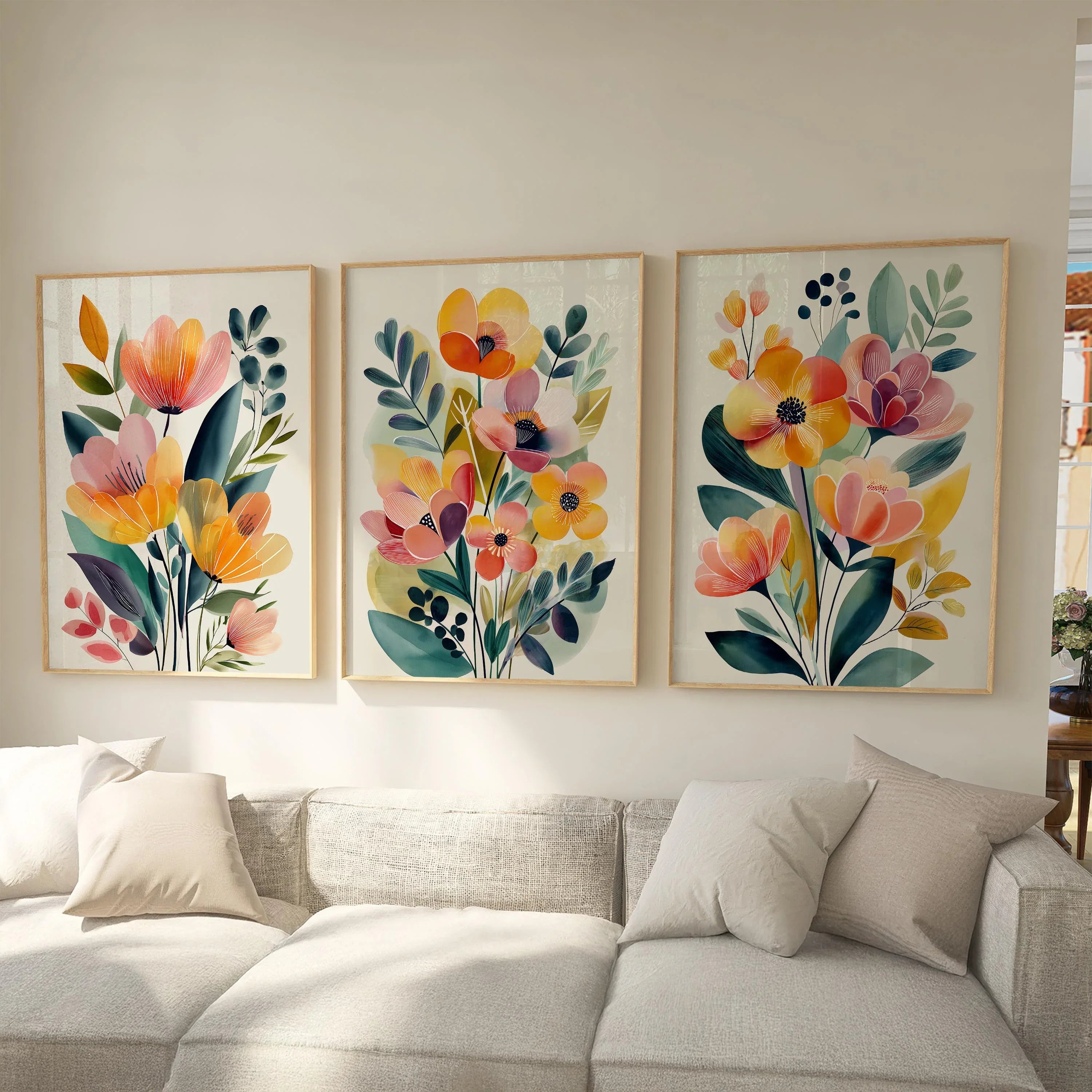 Watercolor peach flower triptych set of 3 neutral floral wall decor in natural wood frame 12x12 i...