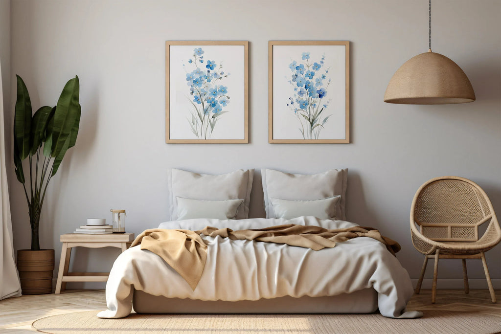 Watercolor forget-me-not blue flowers bedroom wall art in black frame 12x12 inch 30x30 cm