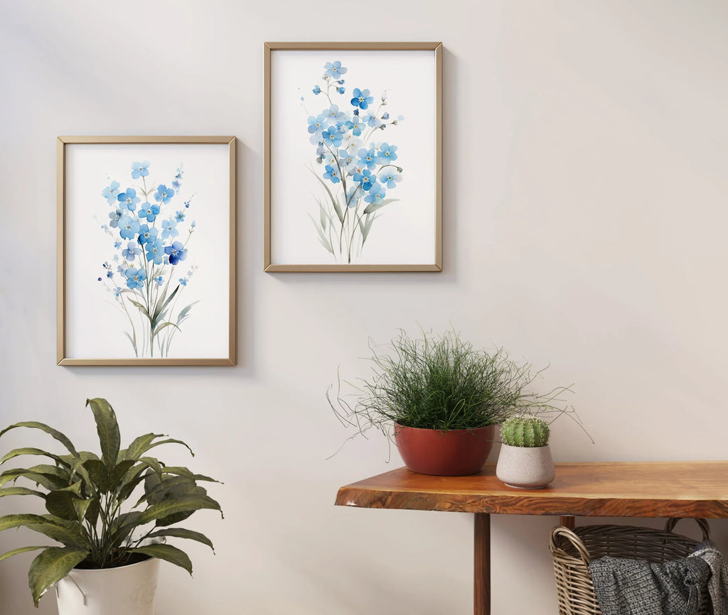 Watercolor forget-me-not blue flowers bedroom wall art in dark wood frame 12x12 inch 30x30 cm