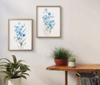 Watercolor forget-me-not blue flowers bedroom wall art in dark wood frame 12x12 inch 30x30 cm