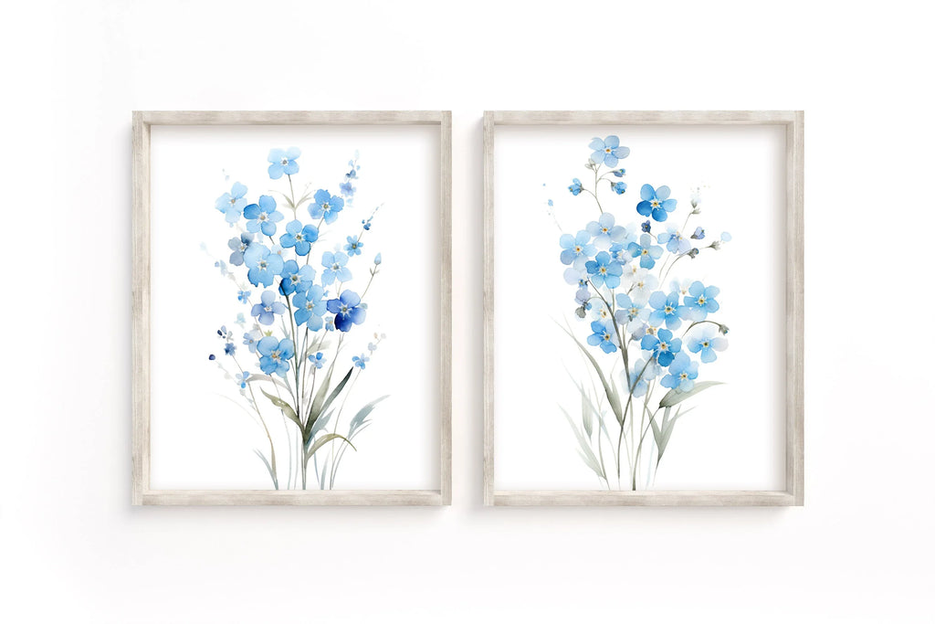 Watercolor forget-me-not blue flowers bedroom wall art in white frame 12x12 inch 30x30 cm