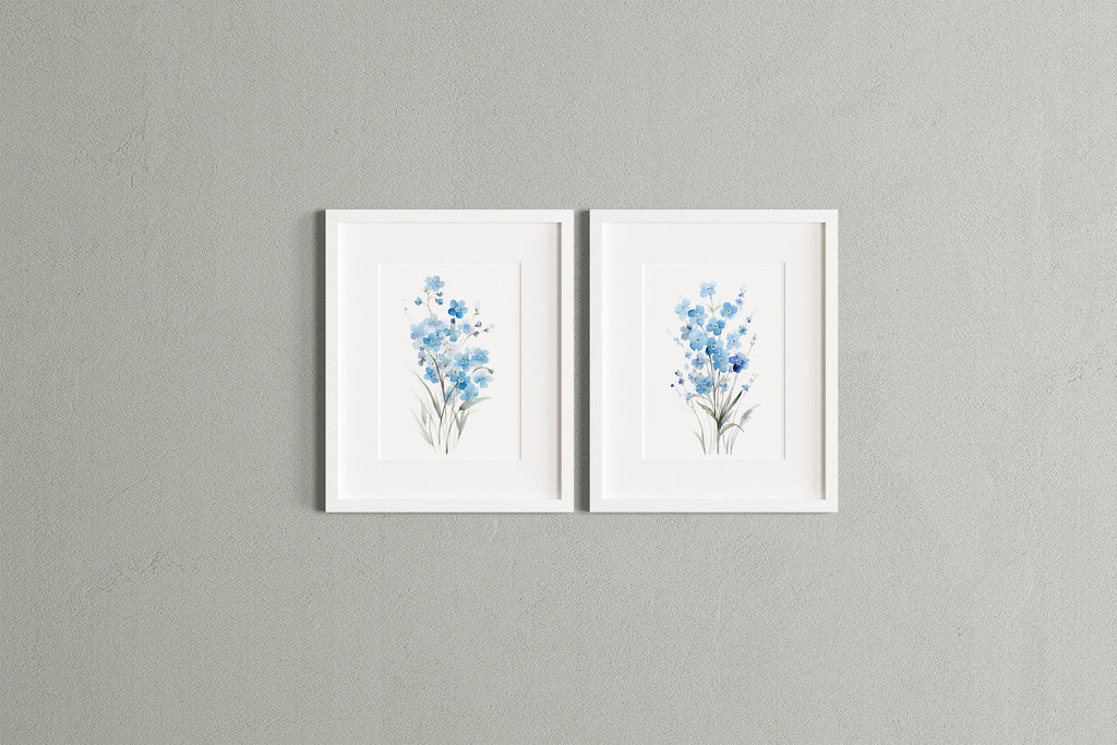 Watercolor forget-me-not blue flowers bedroom wall art in black frame 12x18 inch 30x45 cm