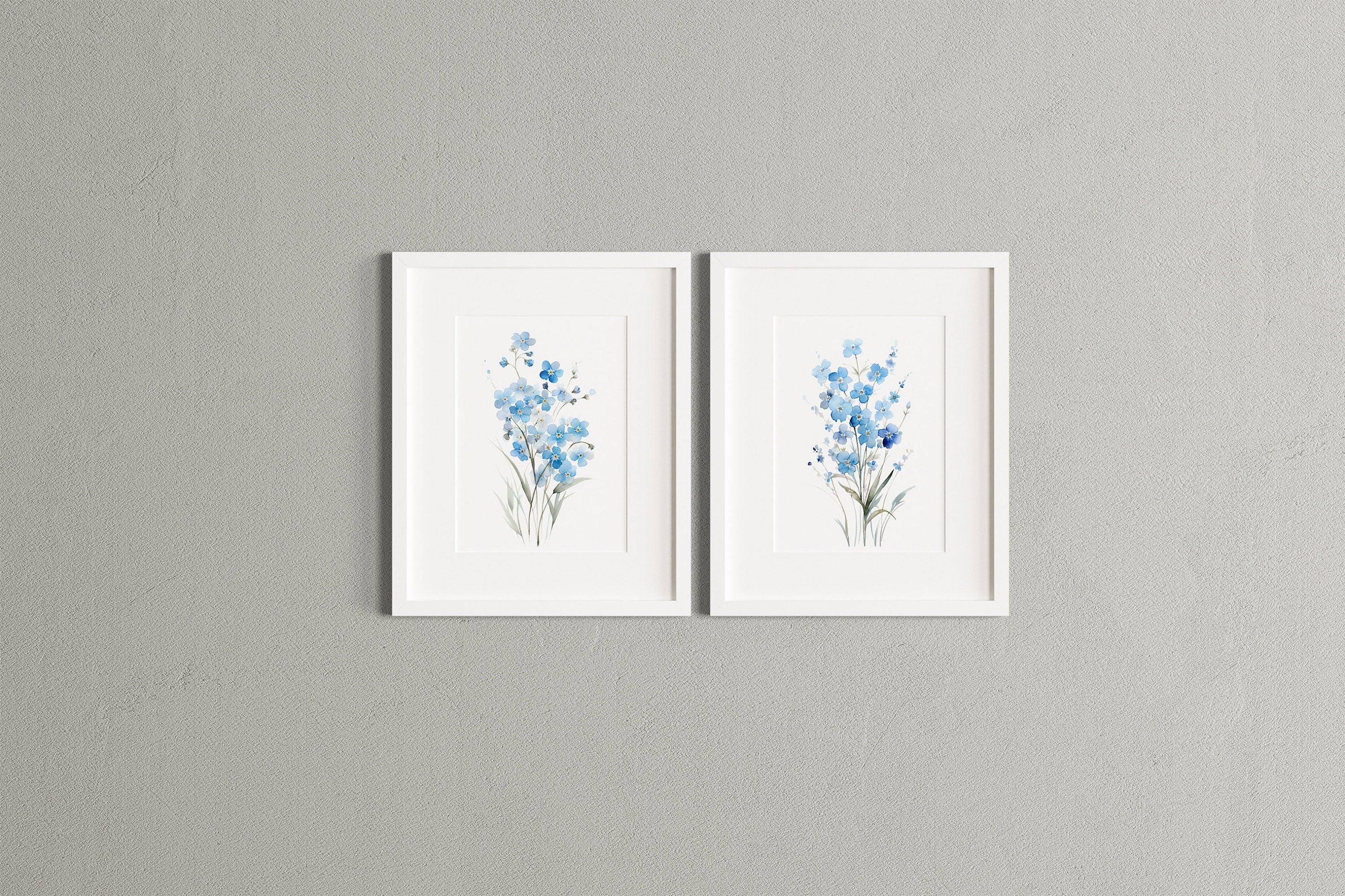 Watercolor forget-me-not blue flowers bedroom wall art in black frame 12x18 inch 30x45 cm