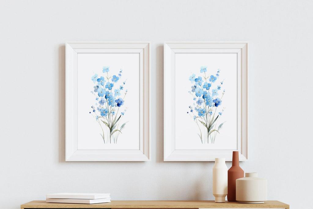 Watercolor forget-me-not blue flowers bedroom wall art in natural wood frame 12x18 inch 30x45 cm