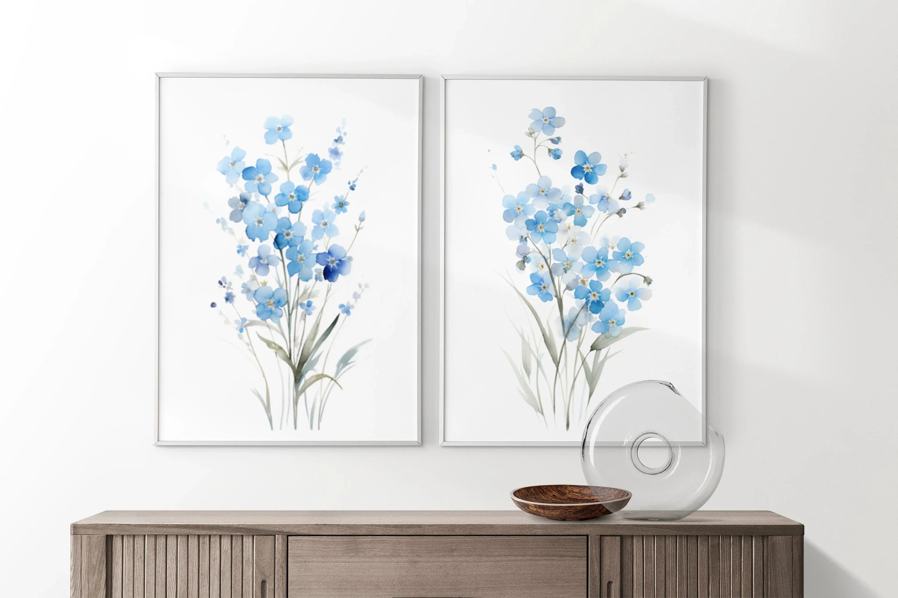 Watercolor forget-me-not blue flowers bedroom wall art in natural wood frame 12x12 inch 30x30 cm