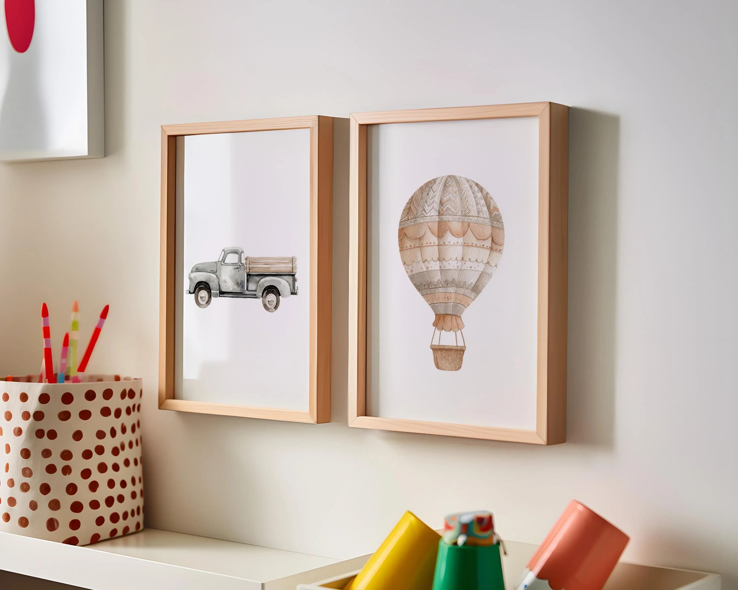 Watercolor hot air balloon vintage truck boho nursery adventure set of 2 in black frame 12x12 inc...