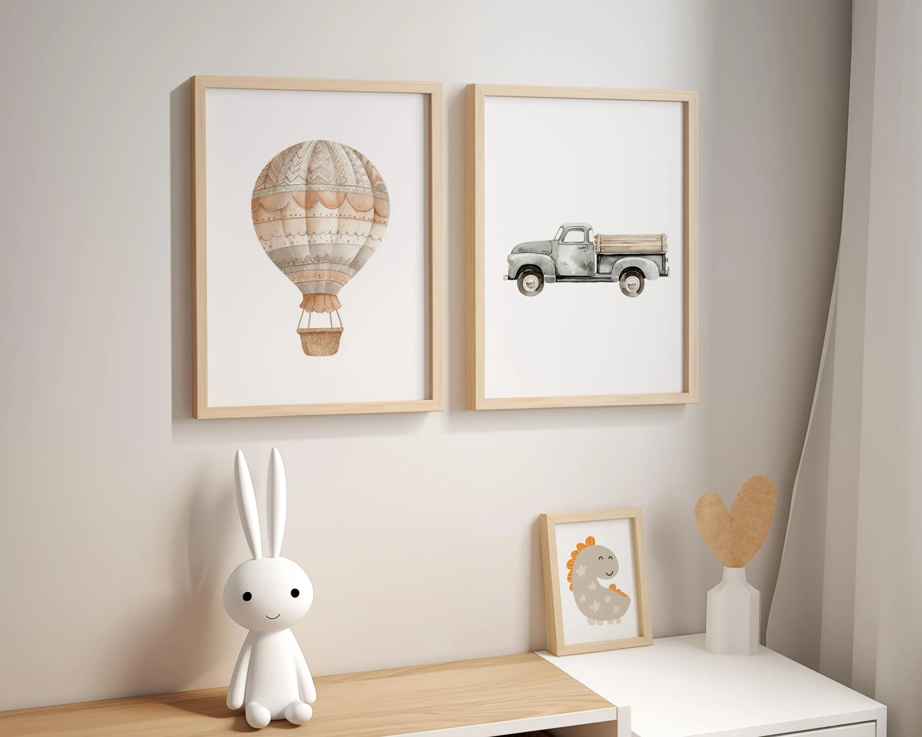Watercolor hot air balloon vintage truck boho nursery adventure set of 2 in dark wood frame 12x12...