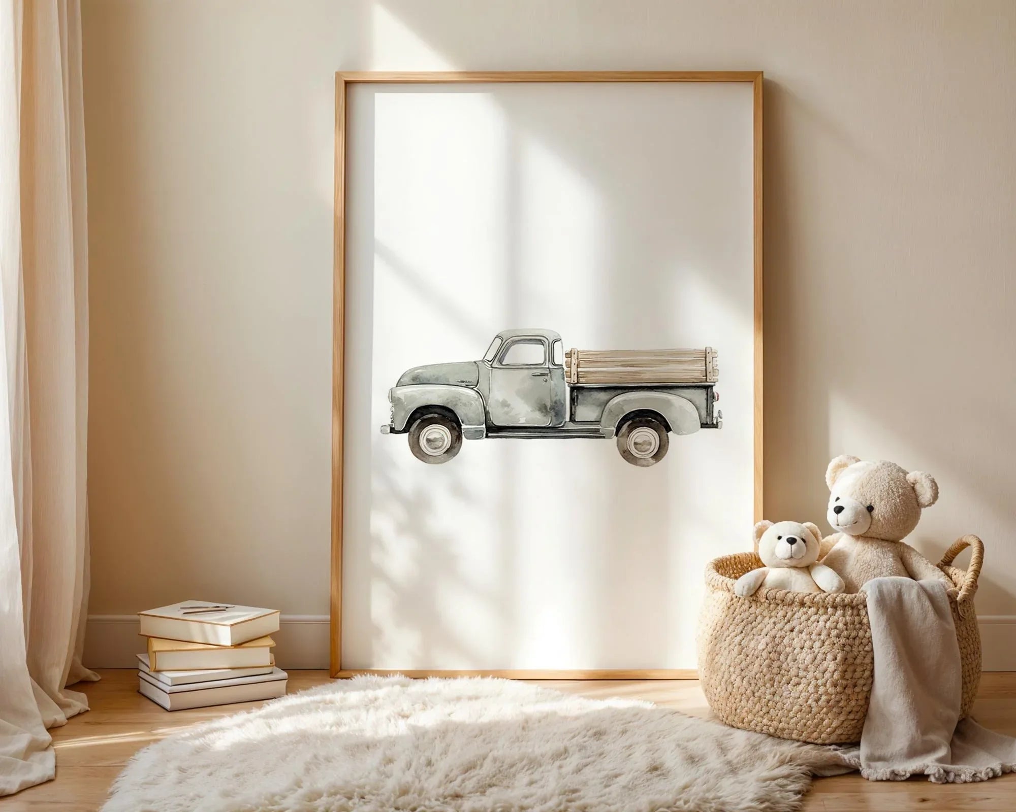 Watercolor hot air balloon vintage truck boho nursery adventure set of 2 in white frame 12x12 inc...