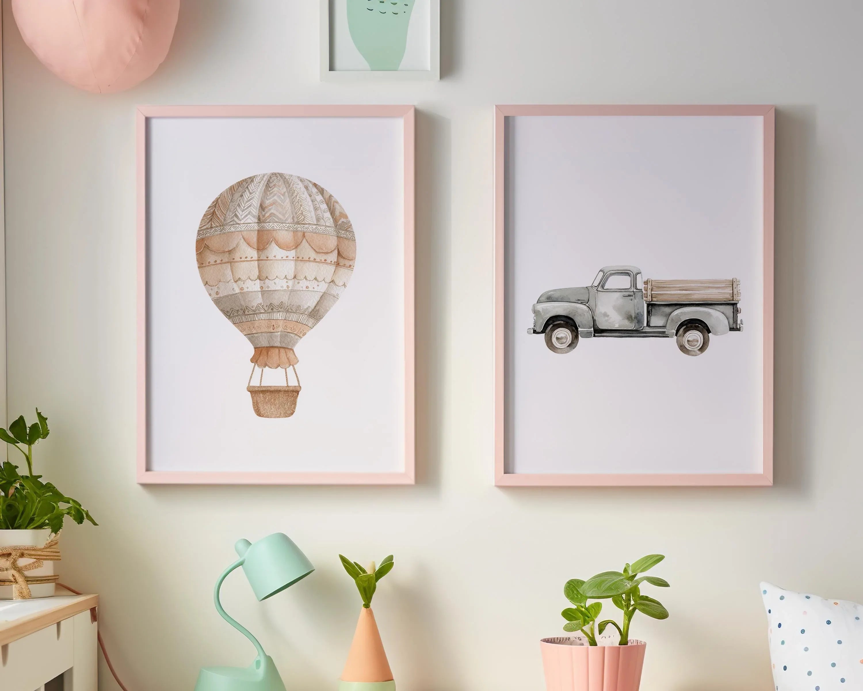 Watercolor hot air balloon vintage truck boho nursery adventure set of 2 in natural wood frame 12...