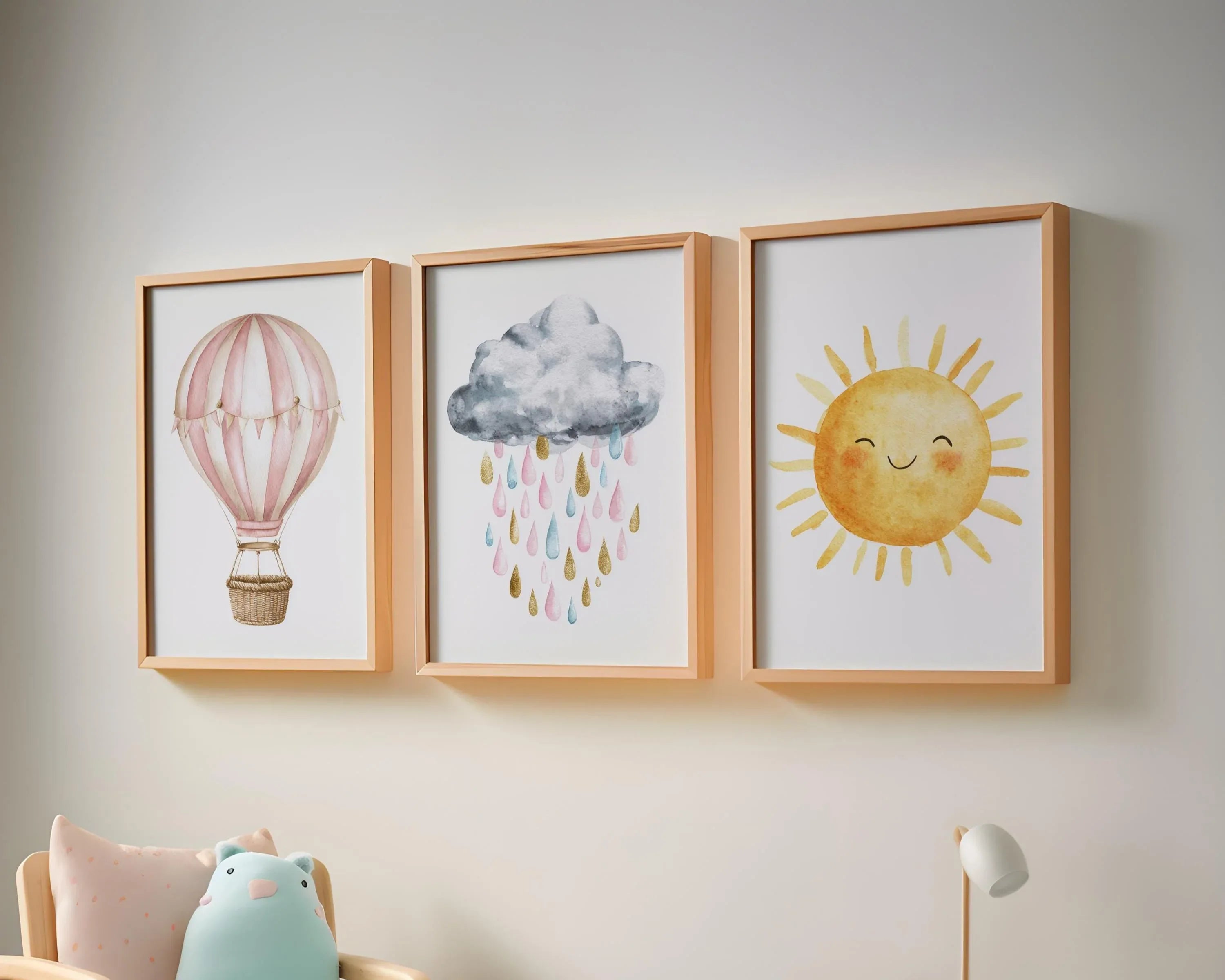 Pastel watercolor nursery art sun cloud hot air balloon baby girl set of 3 in black frame 12x12 i...