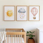 Pastel watercolor nursery art sun cloud hot air balloon baby girl set of 3 in dark wood frame 12x...