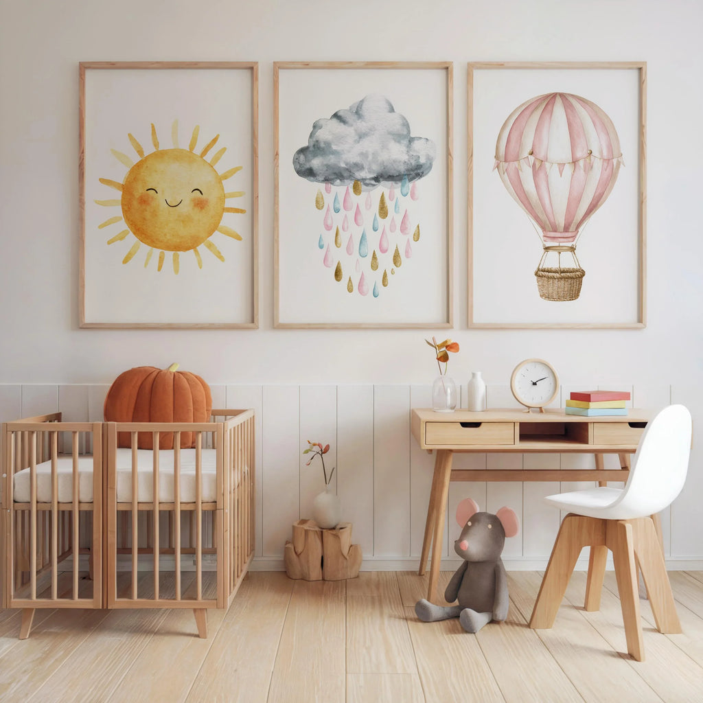 Pastel watercolor nursery art sun cloud hot air balloon baby girl set of 3 unframed 12x12 inch 30...