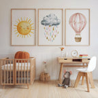 Pastel watercolor nursery art sun cloud hot air balloon baby girl set of 3 unframed 12x12 inch 30...