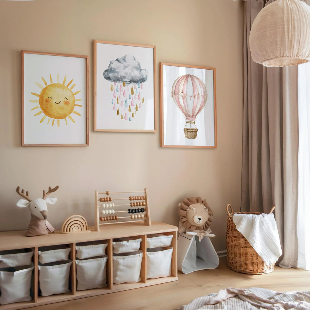 Pastel watercolor nursery art sun cloud hot air balloon baby girl set of 3 in white frame 12x12 i...