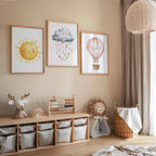 Pastel watercolor nursery art sun cloud hot air balloon baby girl set of 3 in white frame 12x12 i...