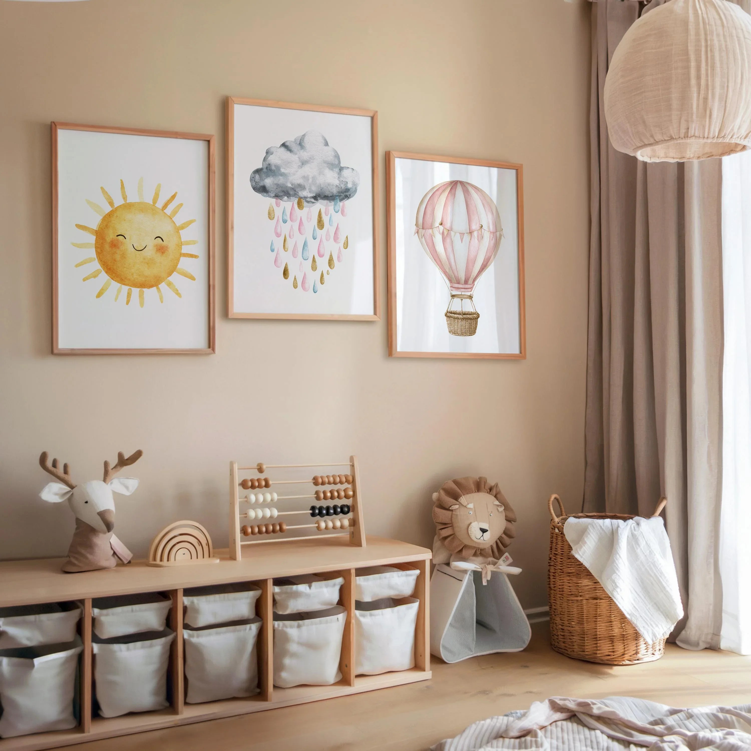 Pastel watercolor nursery art sun cloud hot air balloon baby girl set of 3 in white frame 12x12 i...