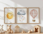 Pastel watercolor nursery art sun cloud hot air balloon baby girl set of 3 in black frame 12x18 i...