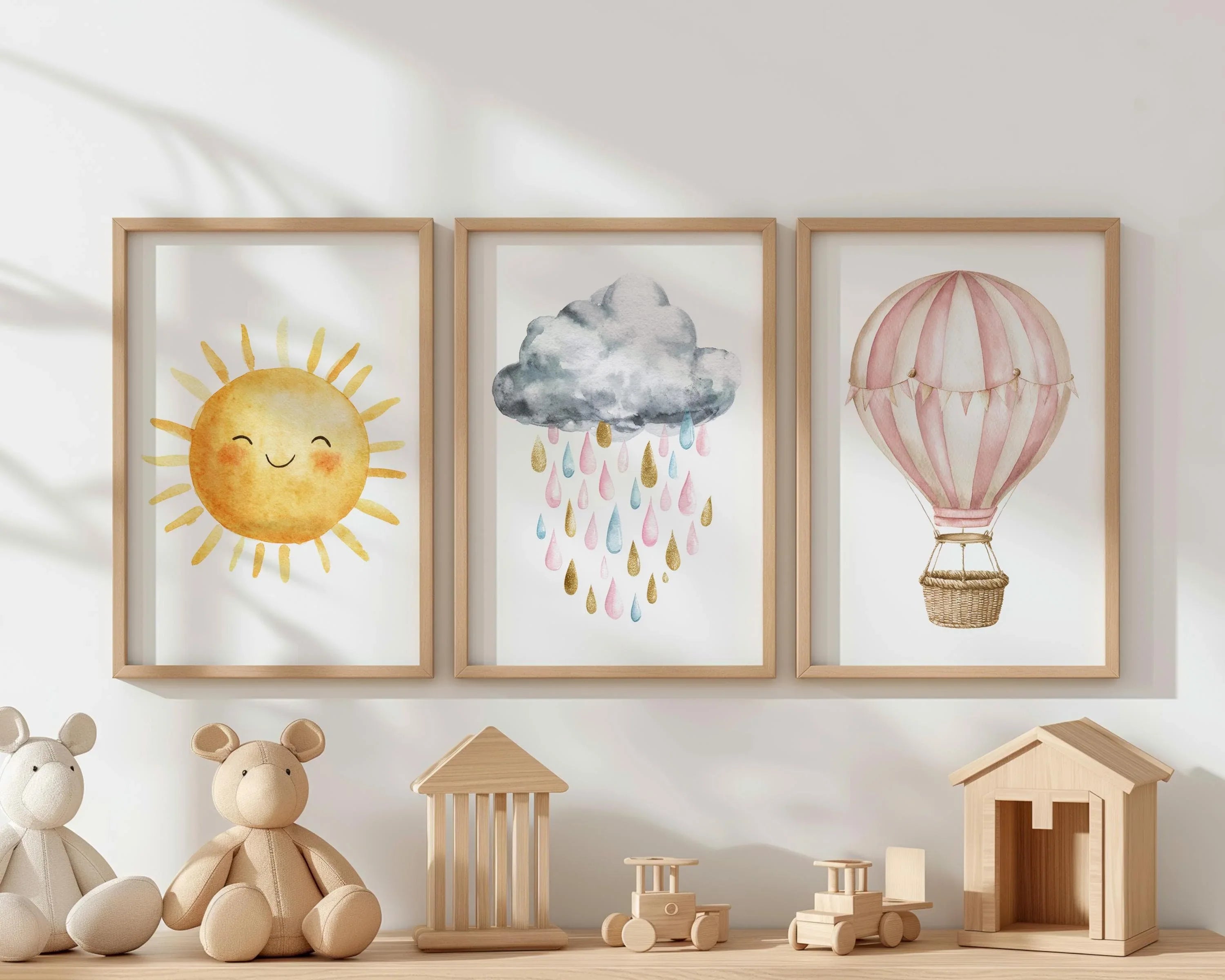 Pastel watercolor nursery art sun cloud hot air balloon baby girl set of 3 in black frame 12x18 i...