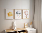 Pastel watercolor nursery art sun cloud hot air balloon baby girl set of 3 in dark wood frame 12x...