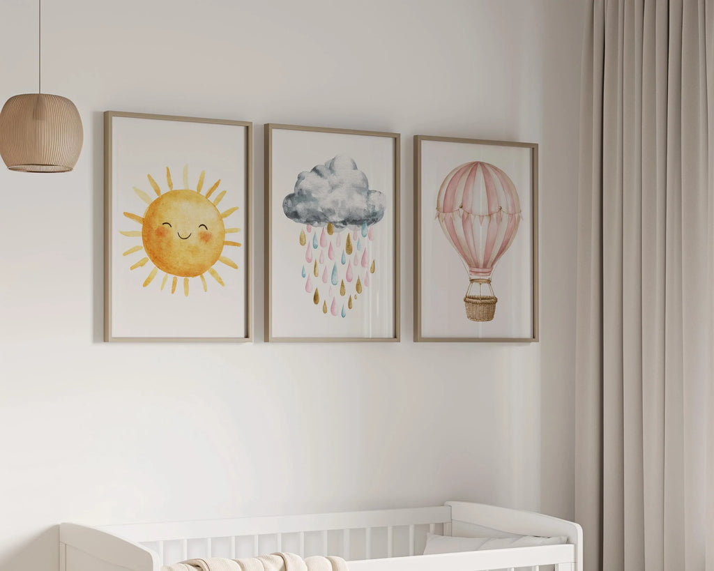 Pastel watercolor nursery art sun cloud hot air balloon baby girl set of 3 in natural wood frame ...