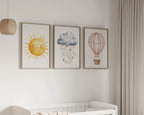 Pastel watercolor nursery art sun cloud hot air balloon baby girl set of 3 in natural wood frame ...