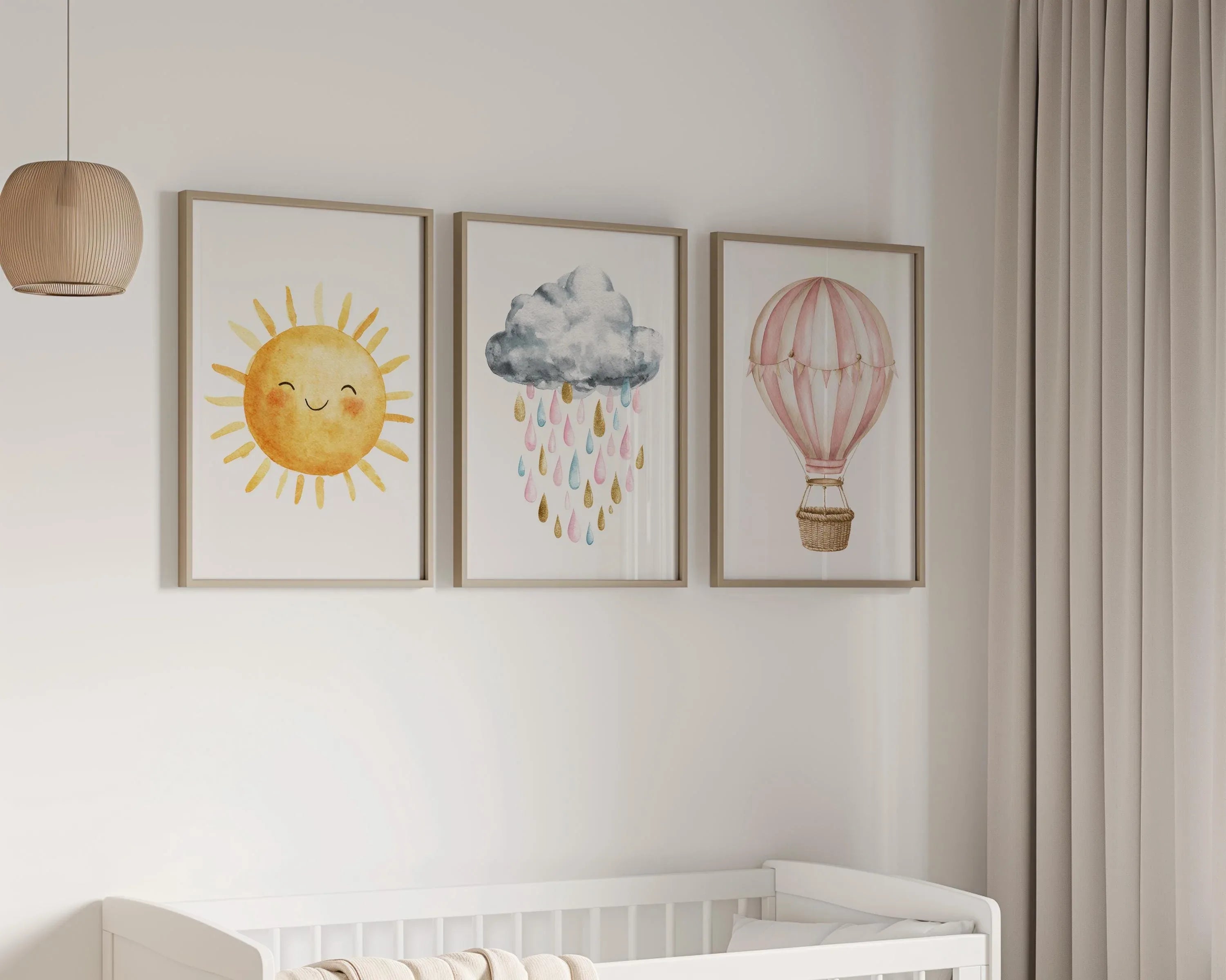 Pastel watercolor nursery art sun cloud hot air balloon baby girl set of 3 in natural wood frame ...
