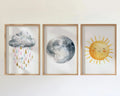 Pastel watercolor nursery art sun cloud hot air balloon baby girl set of 3 in natural wood frame ...