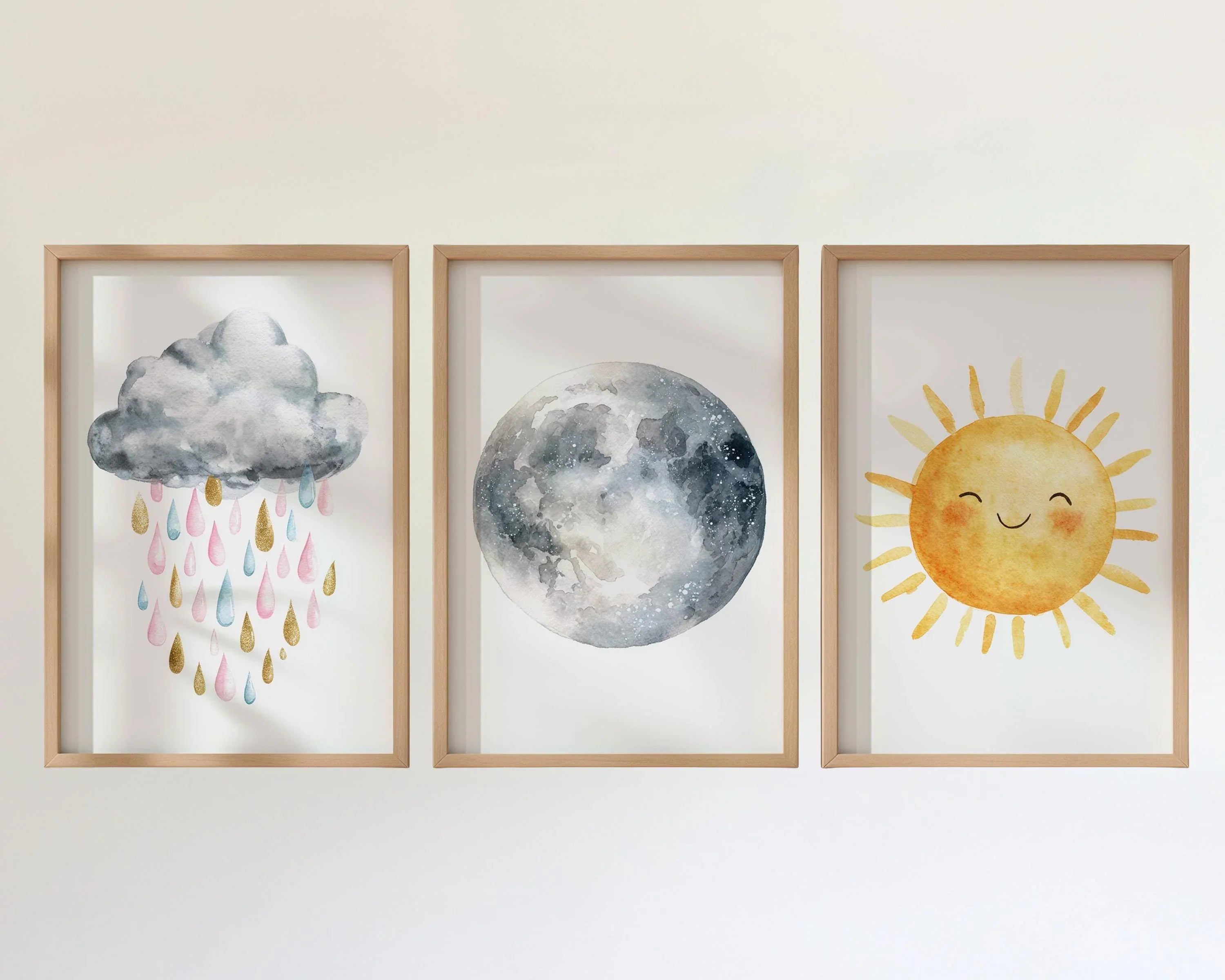 Pastel watercolor nursery art sun cloud hot air balloon baby girl set of 3 in natural wood frame ...