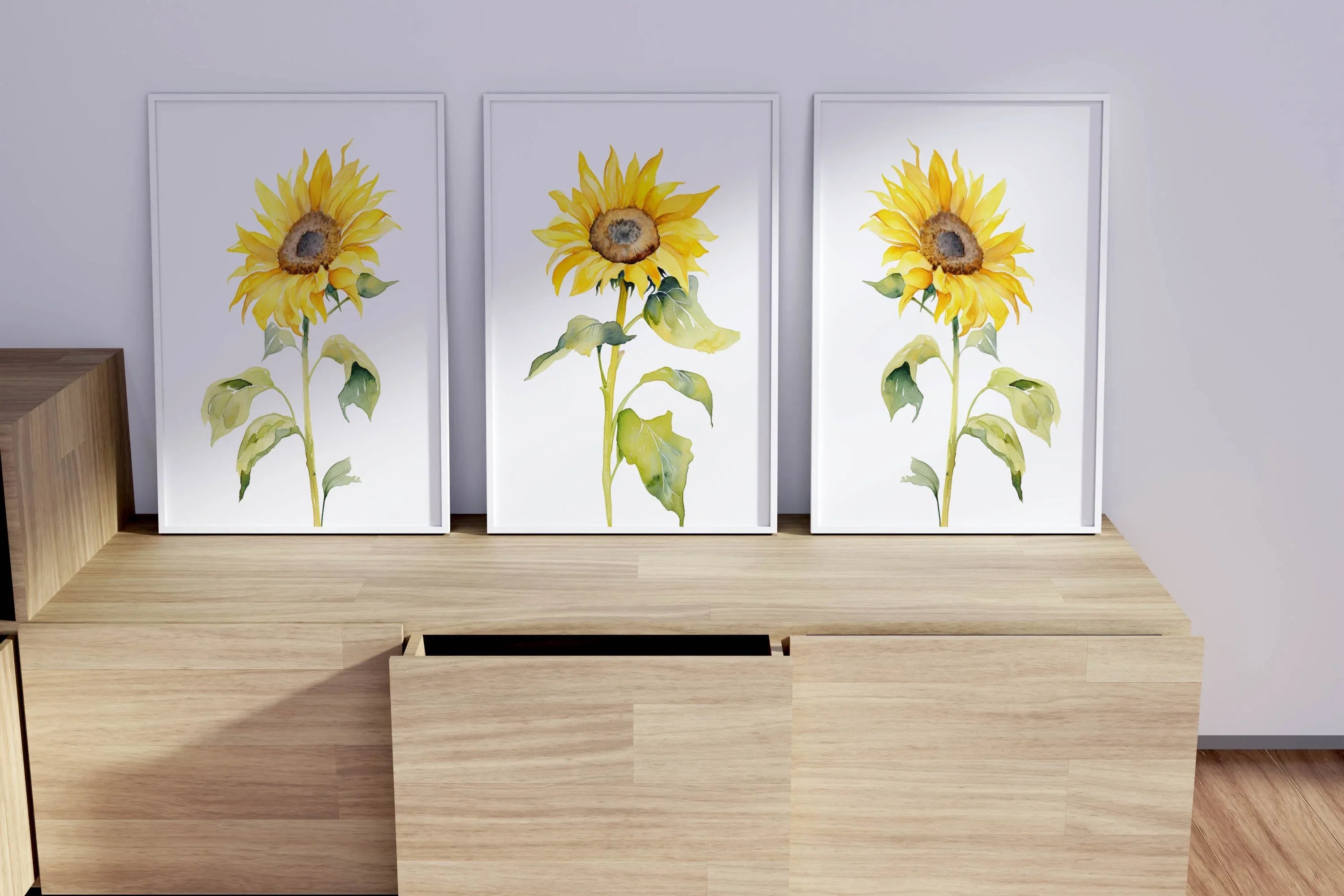 Watercolor sunflower painting triptych set of 3 yellow floral wall art in dark wood frame 12x12 i...